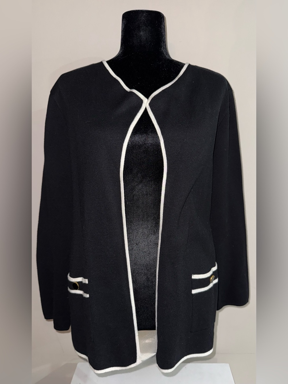 Kasper Contrast Trim Open Front Cardigan Sweater Black White Size L
